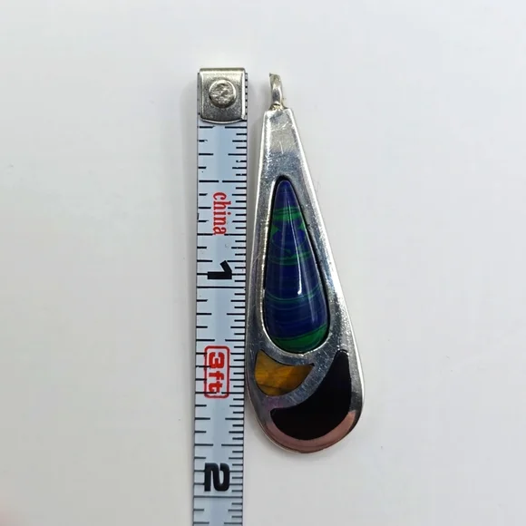 Taxco Lapis & Malachite Teardrop Pendant Hallmark 950 TS-101 Mexico - Picture 7 of 9